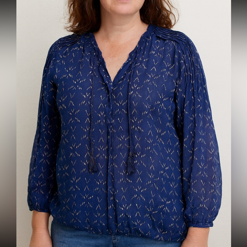 Lucky Brand Peasant Sheer Blouse color Blue in size Large